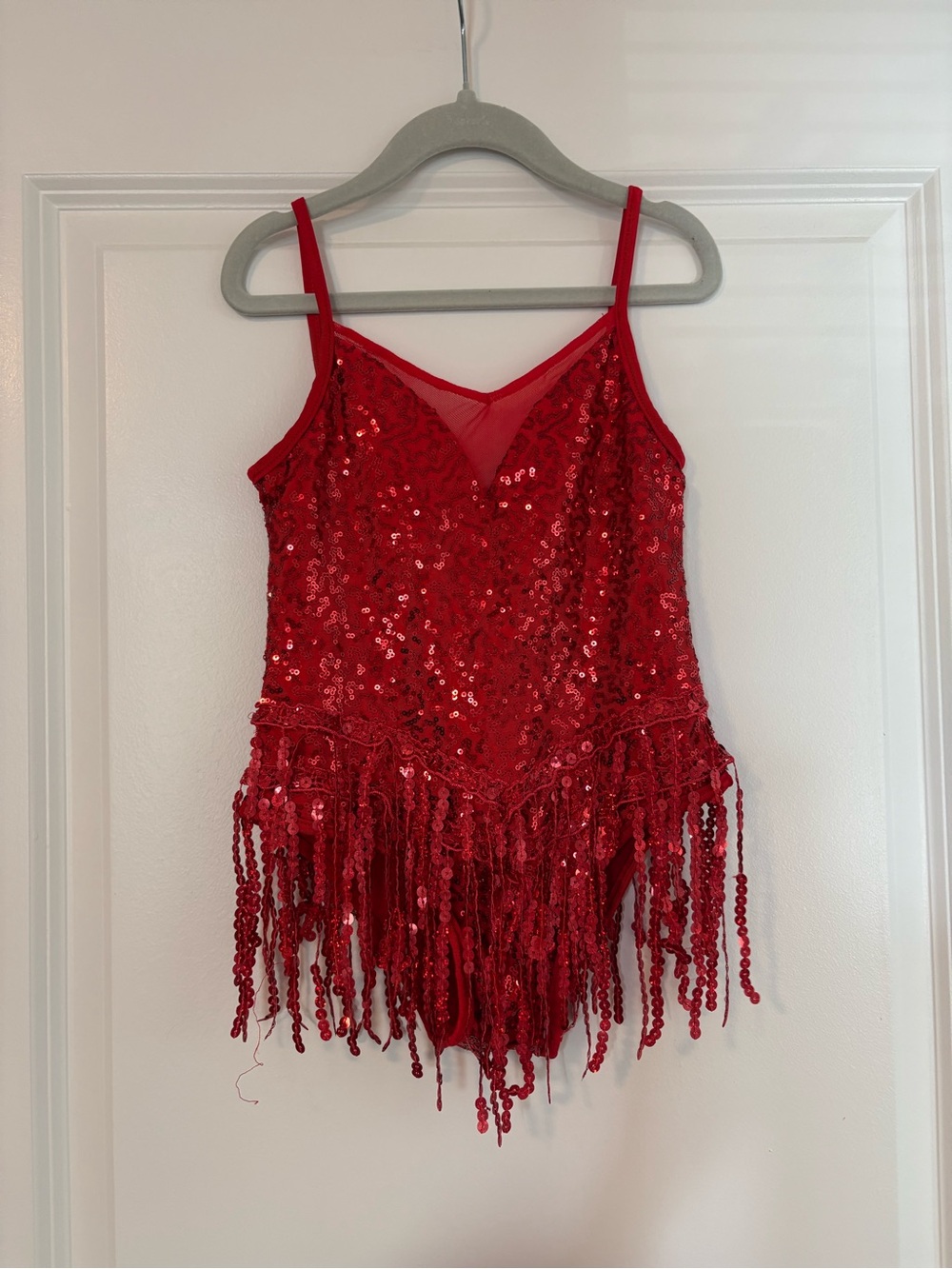 Red Sequin Fringe Kids One-Piece Dance Costume | size 5/6